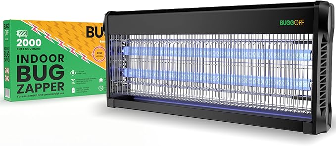 BUGGOFF Black Modern Indoor Electric Bug Zapper, 2000 SQFT Coverage, 3500 Volts of Stunning Power, 40 Watts, Kills Mosquitos Gnats, Flys & More. 10 Year Warranty, X2 Free Replacment Bulbs