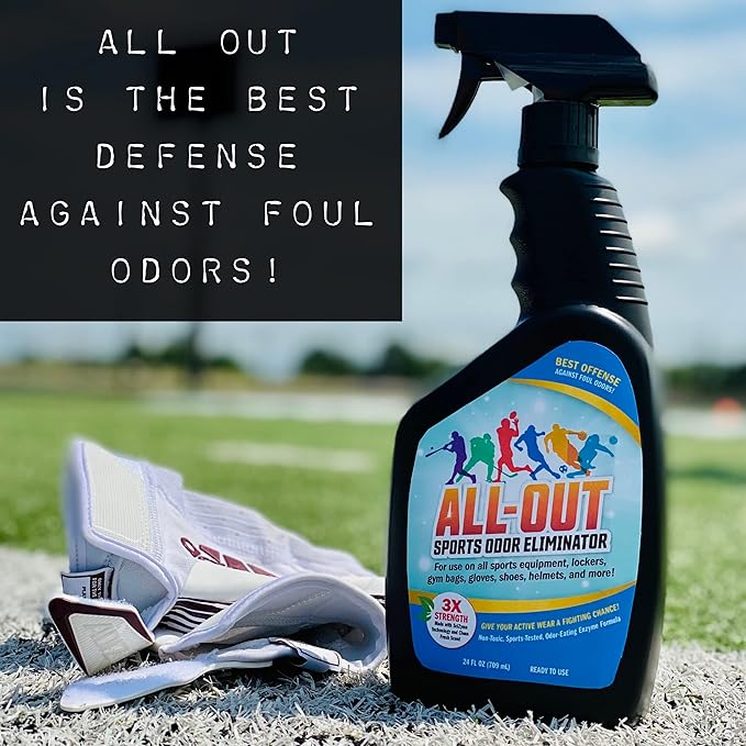 All-Out Sports Odor Eliminator Spray & Deodorizer | Perfect for Smelly Gloves, Hat, Bags, Helmets, Jerseys, Pads, Gear, Shoe & All Other Odors.| Best Formula | 24 oz Spray Bottle (AO503) | Fresh Scent