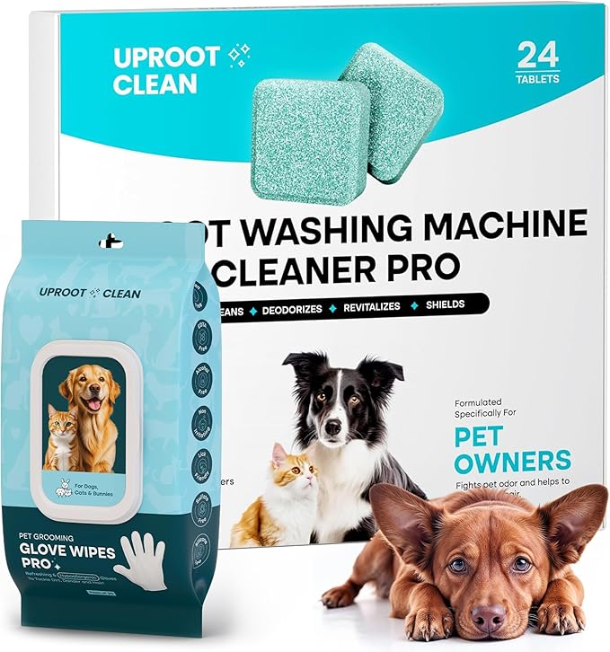 Uproot Washing Machine Cleaner Tablets Pro + Clean Glove Wipes Pro (20 Pack) Set: Deep-Clean Laundry Tablets for Pet Owners & Extra-Thick Dog & Cat Wipes for Paws, Eyes, Ears, Butt & Body