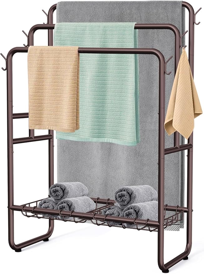 Kayfia 40" Tall Free Standing Towel Racks for Bathroom, 3 Tier Blanket Rack with 2 Storage Baskets & 6 Hooks, Towel Rack Stand for Large Bath Towels, Metal Blanket Ladder Holder for Bedroom (Bronze)