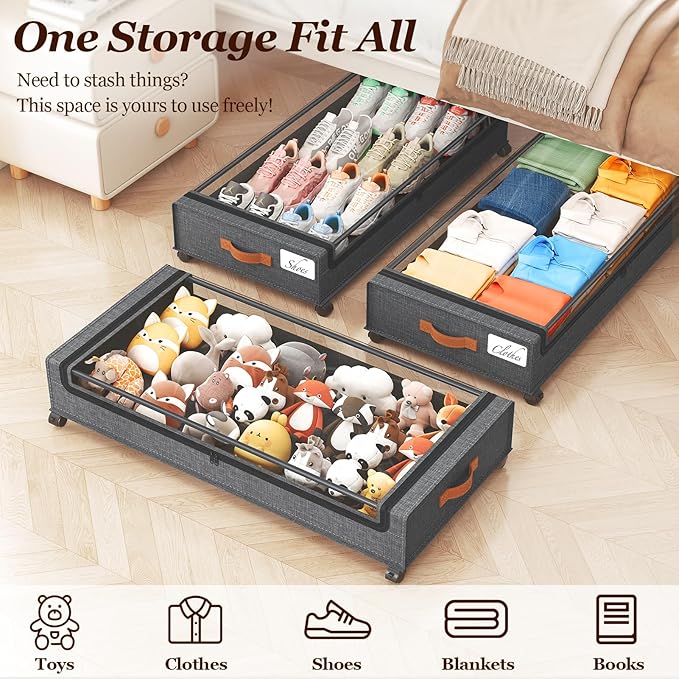 Yecaye 70L Under Bed Storage with Wheels, 3 Pack Larger Capacity Under Bed Storage Containers, Underbed Shoe Storage Organizer, Rolling Under Bed Metal Drawers for Clothes, Blankets, Hemp Grey
