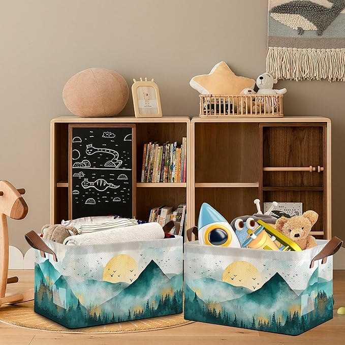 Abstract Mountains Collapsible Storage Box,Golden Sun Organizer Bin with Handles for Room Decoration,Bins Book Basket Box 17x11.5x10Inch