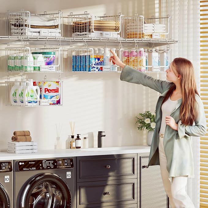 4-Tier Hanging Laundry Room Organizer with Label Cards,Foldable Wire Shelf Basket with 4 Rotating Hooks,Stacked Laundry Basket Organizer,Storage Rack for Laundry Rooms,Closet and Pantry-White