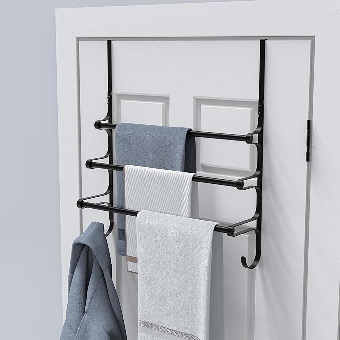 CANYAVE Over The Door Towel Rack, Over Door Towel Rack for Bathroom Door, Triple Towel Storage Holder with Hooks (Matte Black)