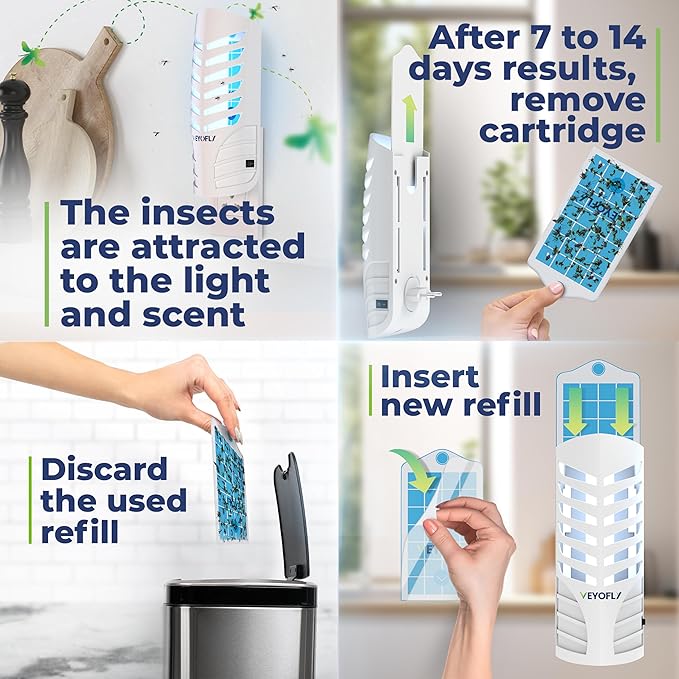 VEYOFLY Fruit Fly Traps for Indoors, Fly Trap Indoor, (4 Device + 12 Refills) Fly Catcher Indoor, Gnat Traps for House Indoor, Fly Trap, Plug in Light Flying Insect Trap, Bug Killer