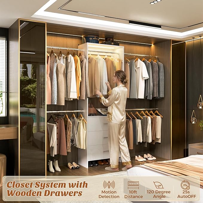 Aheaplus Closet System with Motion-Sensing Light, 3 Wooden Drawers and 4 Hanging Rods, Customizable Walk-in Closet Organizer with 3CCT LED, Heavy Duty Garment Rack for Bedroom, White