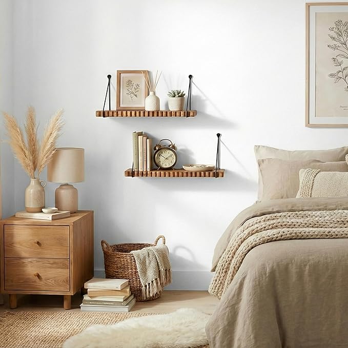 Hanging Shelves for Wall – Rustic Mango Wood Wall Shelves Set of 2 (15×6 in) | Floating Shelves for Bedroom, Bathroom, Kitchen & Living Room | Wall Shelf for Books, Plants & Bathroom Decor