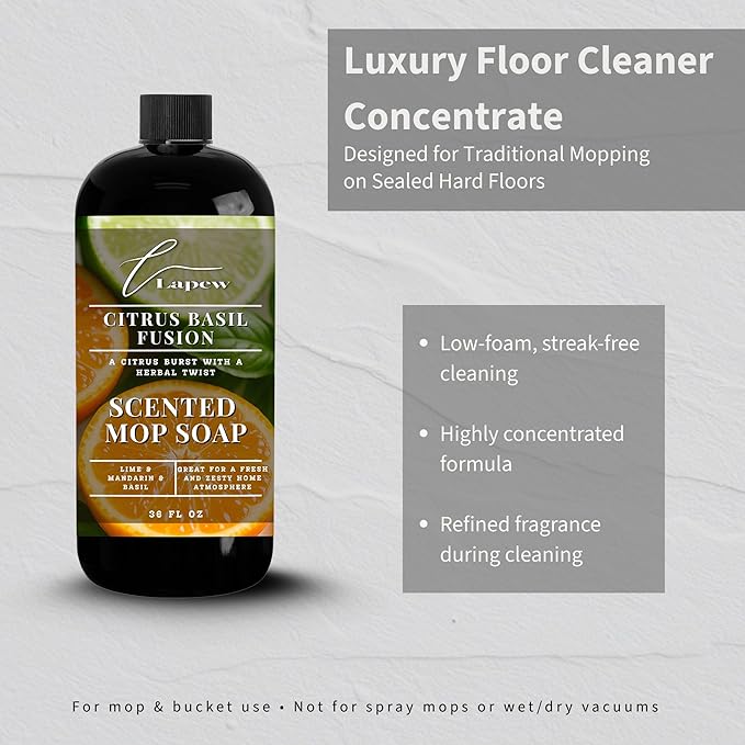 Lapew Citrus Basil Scented Mop Soap - Luxury Floor Cleaner Concentrate for Mopping Tile, Laminate, Vinyl & Hardwood | Streak-Free, Low-Foam | 36 oz