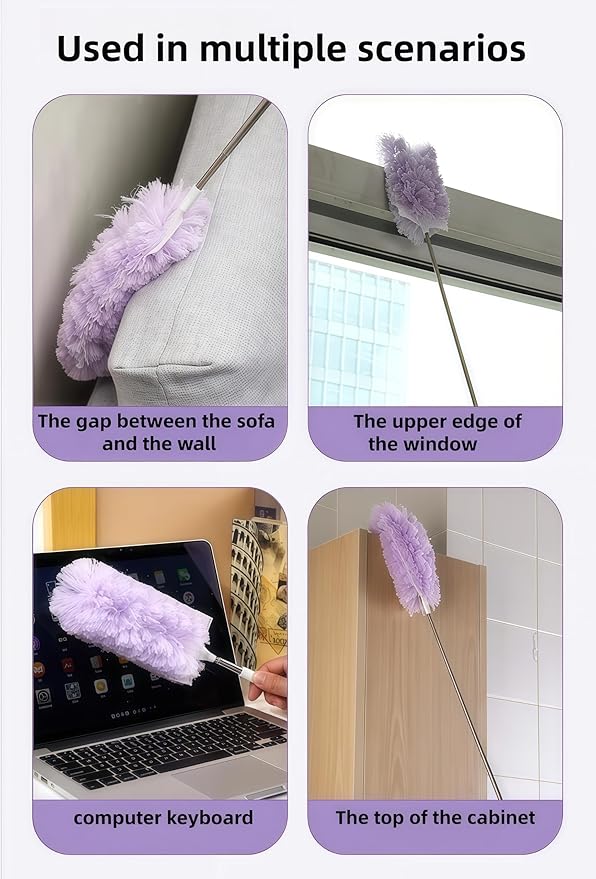Heavy Duty Duster Refills, Disposable Dusters Kit for Cleaning Dusting Furniture Blind Ceiling Fan, Multi Surface 360 Feather Duster(10)+3FT Extended Handle（1） (pueple)