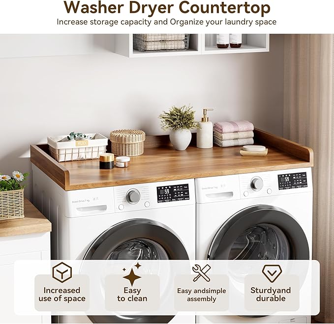 Washer Dryer Countertop, 54.3" x 27.6" Wooden Laundry Countertop with Edge Rails, Washer and Dryer Topper for Laundry Room Organization and Storage