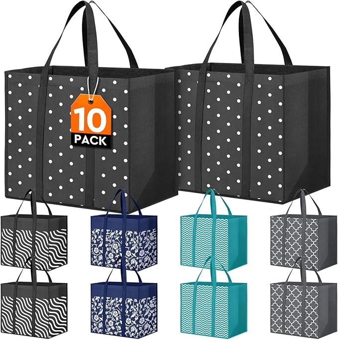 Fab totes 10 Pack Reusable Grocery Bags for Groceries 35L Large Capacity Heavy Duty Waterproof Tote Bags for Shopping and Picnic with Sturdy Handles