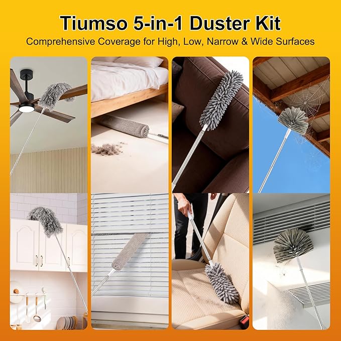 Microfiber Feather Duster 5-in-1 Kit, Dusters for Cleaning, Duster with Extension Pole 100 Inches, Cobweb Duster, Microfiber Dusters for High Ceilings and Fans, Blinds, Cars and Furniture