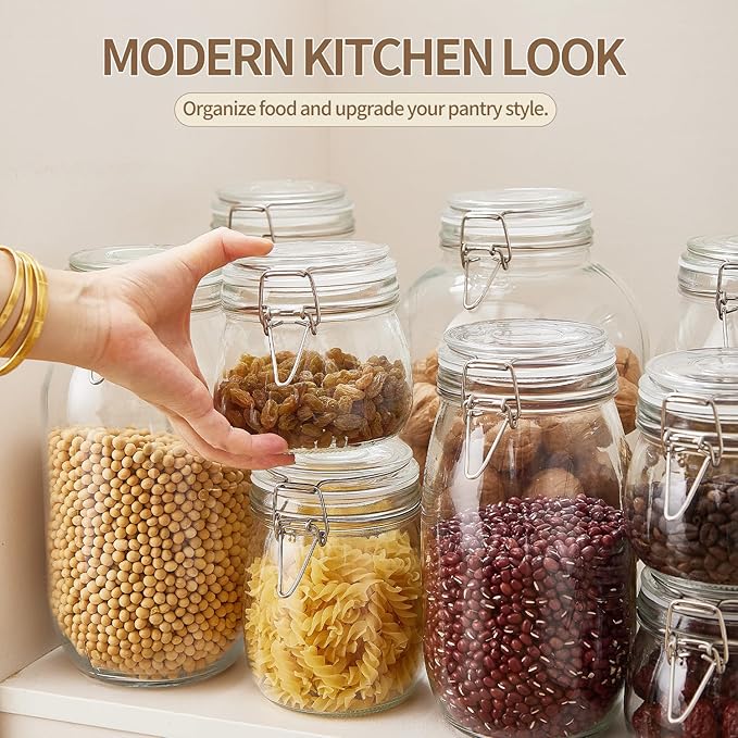 ODBCYWM 68oz Glass Food Storage Jars with Airtight Lids, Set of 3 – Clear Preserving Seal Wire Clip Fastening Canisters for Kitchen Canning, Flour, Cereal, Pasta, Sugar, Beans, Pickling Jars (68oz*3)
