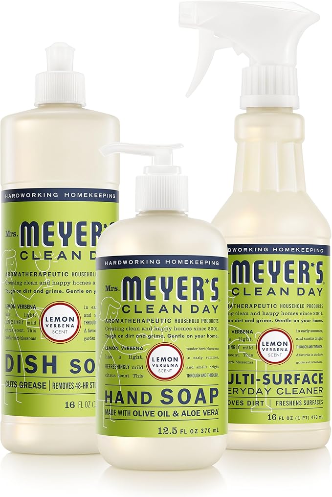 Mrs. MEYER'S CLEAN DAY Kitchen Basics Set, Lemon Verbena Scent Cleaning Supplies includes Hand Soap (12.5 Fl Oz), Dish Soap (16 Fl Oz) and Multi-Surface Cleaner (16 Fl Oz)