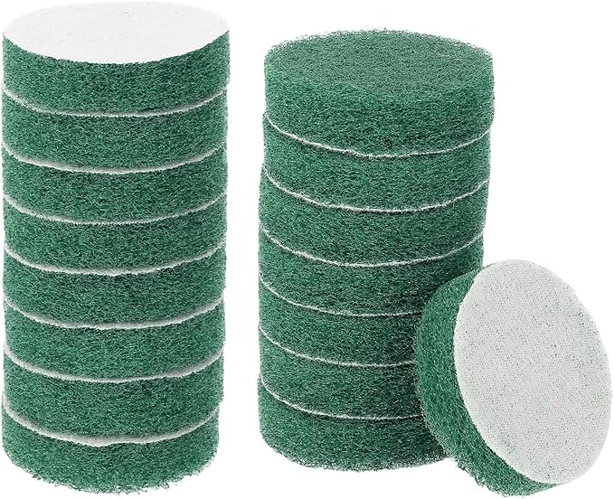 HARFINGTON 16pcs Scrubber Scouring Pads 180 Grits 2 Inch Drill Power Brush Hoop and Loop Surface Conditioning Disc Drill Scuffing Disc Scrub Pads for Home Kitchen Cleaning, Green