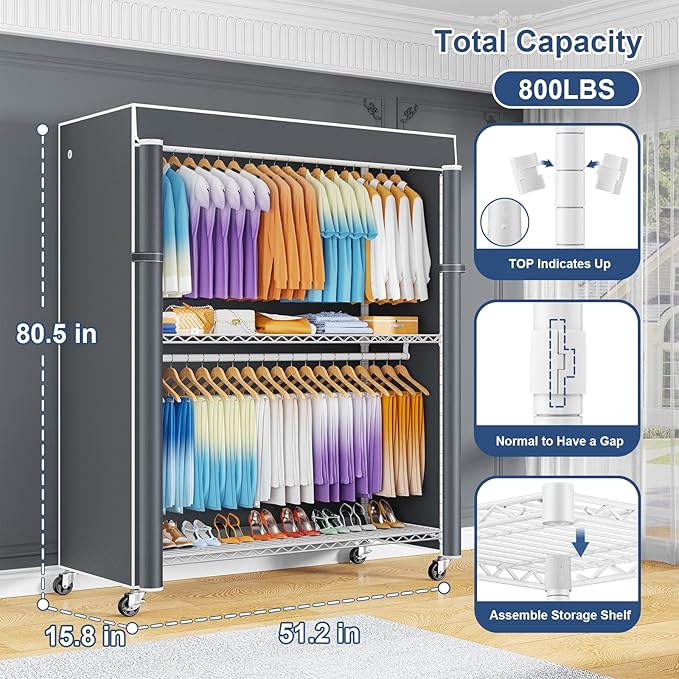 ULIFHOME P8C Max Heavy Duty Clothes Rack（With Extended Width Design） Rolling Clothing Racks for Hanging Clothes with Lockable Wheels，51.2" W x 15.8" D x 80.5" H，Load 700LBS，White Rack with Grey Cover