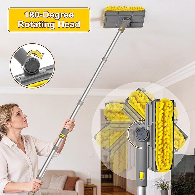 JEHONN 77” Ceiling Fan Cleaner Duster with Extra Bendable Chenille Dust Cleaning Tool, Detachable Washable Mop for Baseboard, Blinds, Walls, Floors & Car Interiors (Yellow)
