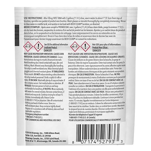 BEER CLEAN Diversey Bar Glass Cleaner, 0.5 oz Packets (100-Pack) – Concentrated Powdered Compound for Hot/Cold Water, Odorless Detergent, No Residue, Use for Manual Brush 3-Sink Systems, 990221