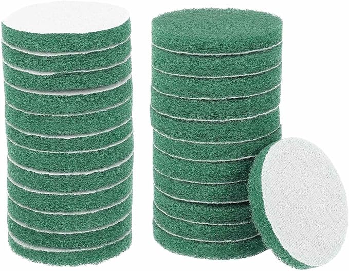 HARFINGTON 24pcs Scrubber Scouring Pads 180 Grits 3 Inch Drill Power Brush Hoop and Loop Surface Conditioning Disc Drill Scuffing Disc Scrub Pads for Home Kitchen Cleaning, Green