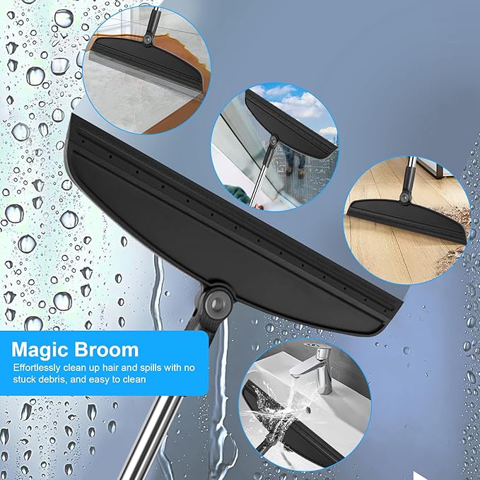 Broom with Dustpan Combo Set and Silicone Air Broom Kit, 51" Long Handle Floor Squeegee, Black Household Kit for Glass Window Rugs Pet Hair Home