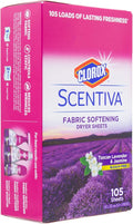 Clorox Scentiva Fabric Softener Dryer Sheets, Tuscan Lavender & Jasmine Scent - Wrinkle Reducing Scented Softening Laundry Dryer Sheets for Great Smelling Clothes, 105 Count