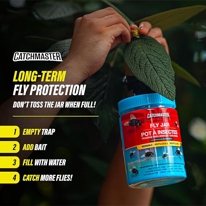 Catchmaster Outdoor Reusable Fly Traps Outdoor with Food-Based Lure Included – 1 Pesticide-Free Hanging Fly Jar – Bug Catchers for Yard, Patio & Trash – Sets Up in Seconds