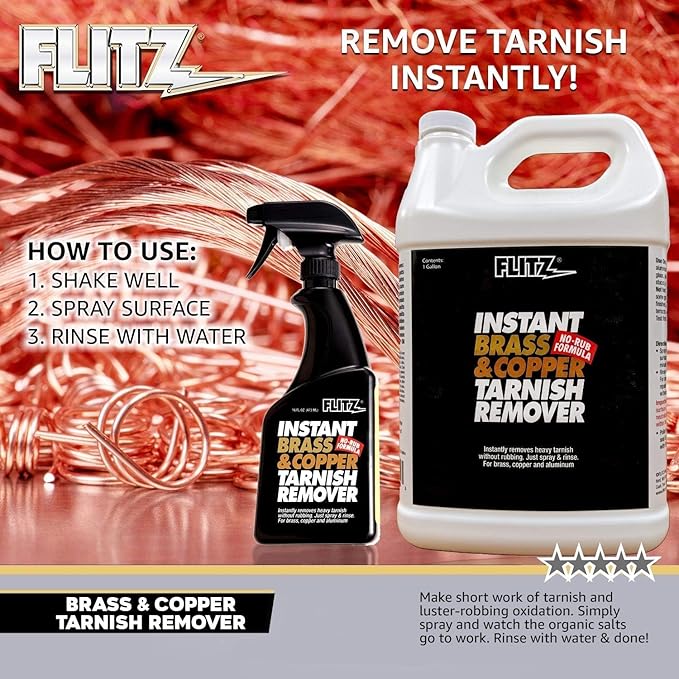 Flitz Instant Brass and Copper Tarnish Remover - 1 Gallon Bottle of USA-Made Organic Rust Remover Spray (No-Rub) - Removes Stains & Oxidation from Glass & Aluminum - Brass Cleaners That Work (1 Pack)