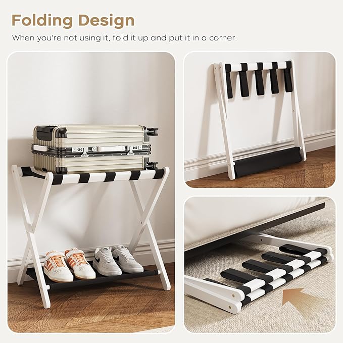 oakvivo Fully Assembled 2 Pack Luggage Rack with Fabric Storage Shelf, 26.77" Bamboo Folding Luggage Rack for Guest Room, Luggage Stand Holder, Thickened Suitcase Stand Holds up to 165 Lbs, White