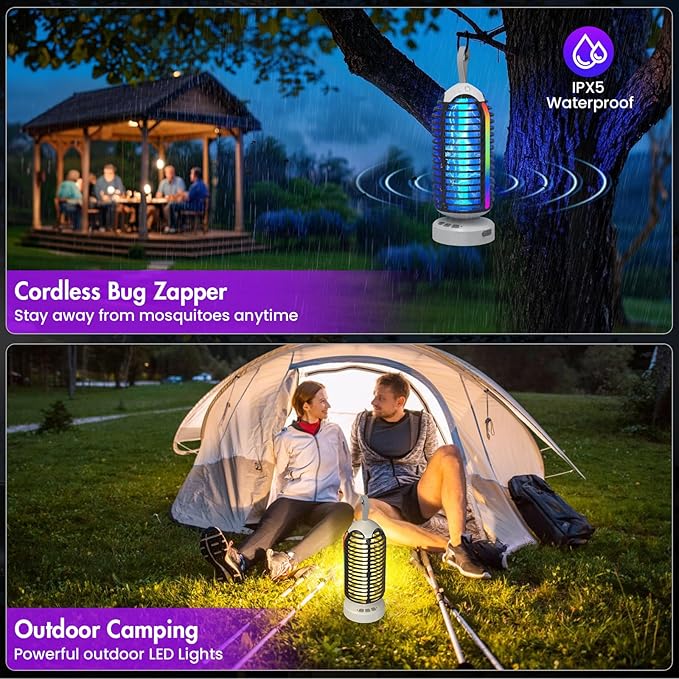 Bug Zapper Outdoor with Colorful Lighting and Auto-Sensing, 3 in 1 Cordless 4000mAh Battery Electric Fly Trap, Rechargeable Mosquito Zapper for Camping, Patios, Garden, Kitchen (2Pack-Black)
