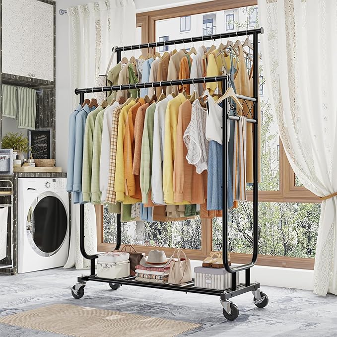 Ekisemio Heavy Duty Clothes Rack, Rolling Clothing Rack With Shelves Load 450 LBS, Double Rod Clothing Racks with Wheels for Hanging Clothes, Black