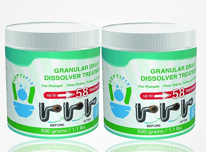 Granular Drain Dissolver Treatment Especially Created For Septic Tank Owners - 100% Natural Live Bacteria Powder - Drain Hair Clog Remover + Drain Cleaner + Drain Opener