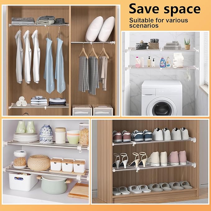 BAOYOUNI Tension Shelf Adjustable Closet Rod Space Saving Wardrobe Clothes Dividers Ivory, 33.07-46.26 Inches