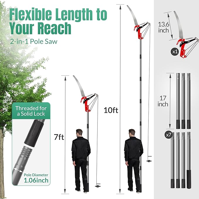Suchtale 10FT Pole Saw for Tree Trimming, Manual Tree Pruner with Steel Blade & Scissors, Long Handle Branch Cutter Pole, Extendable Limb Trimmer for High Branches, Yard Garden Pruning Saw