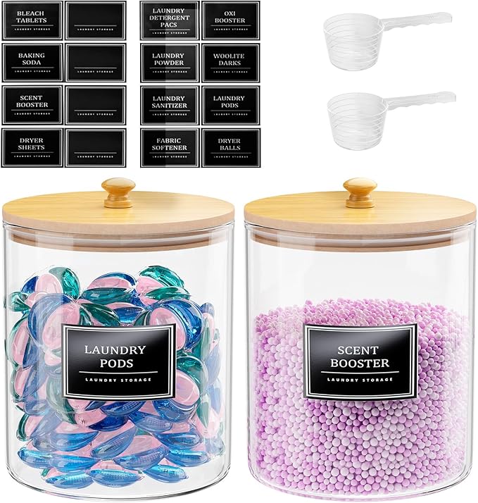HomePekite 2 Pack Glass Laundry Pods Container, Clear Laundry Room Organization Containers with Lids & Labels, Powder Laundry Detergent Container for Scent Booster, Powder