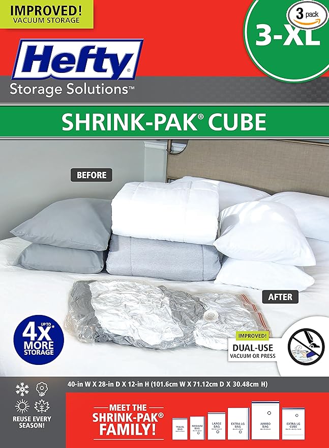 Hefty Shrink-Pak Vacuum Storage Bags - Space Saver for Under Bed Storage, Clothing and Comforters, Odor Resistant, 3X More Storage Space - 3 XL Cubes Bags