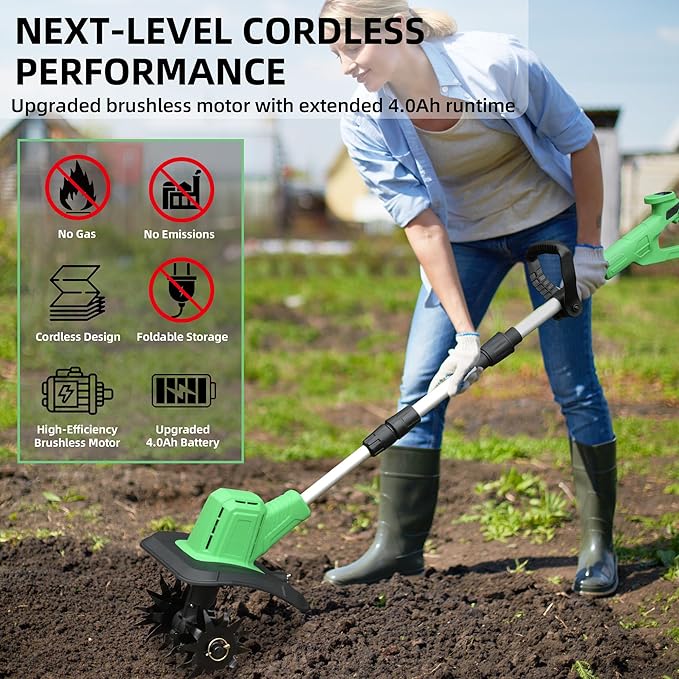 Cordless Tiller Cultivator, 360RPM Battery Powered Garden Cultivator, with 2 * 4.0Ah Batteries & Charger, 9In Tilling Width & 6In Depth Tiller for Gardening
