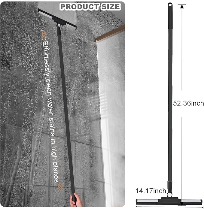Floor Squeegee - 52 Inch Adjustable Long Handle 14.2 Inch Rubber Blade 180° Rotatable Head Heavy Duty Squeegee Broom for Floor Window Bathroom Tile Garage Concrete Shower Patio (Black)