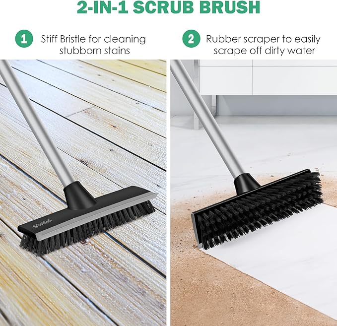 SetSail Floor Scrub Brush with 51-Inch Long Adjustable Handle 2 in 1 Scrape Brush Stiff Bristle Floor Scrubber for Cleaning Shower Bathroom Garage Kitchen Wall Deck Tub Tile, Black