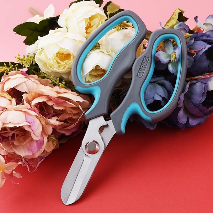 CYRUS Flower Scissors Floral Shears for Cutting Flowers,Garden Shears with Integrated Stab Remover,Florist Cutters Rose Snips,Blue
