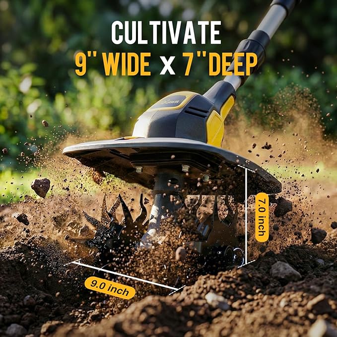 20V Cordless Tiller Cultivator, with 2 * 4.0Ah Batteries & Charger, 9In Tilling Width and 7In Depth Garden Rototiller for Lawn/Gardening/Soil Cultivation, Yellow