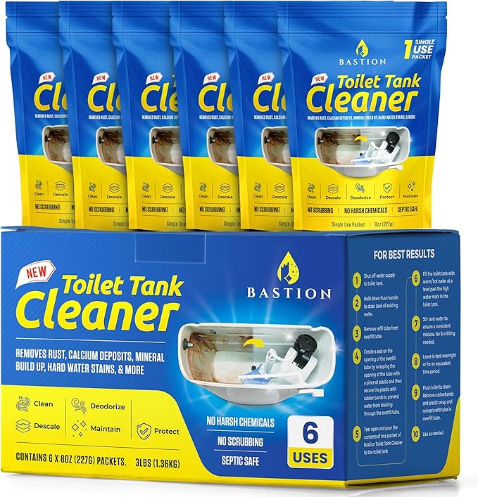 Bastion Toilet Tank Cleaner - 6-Uses. (*Not For Toilet Bowl*) Removes Rust, Mineral Deposits, Hard Water Stains, & Calcium Build Up. Contains 6 X 8oz Single Use Packets
