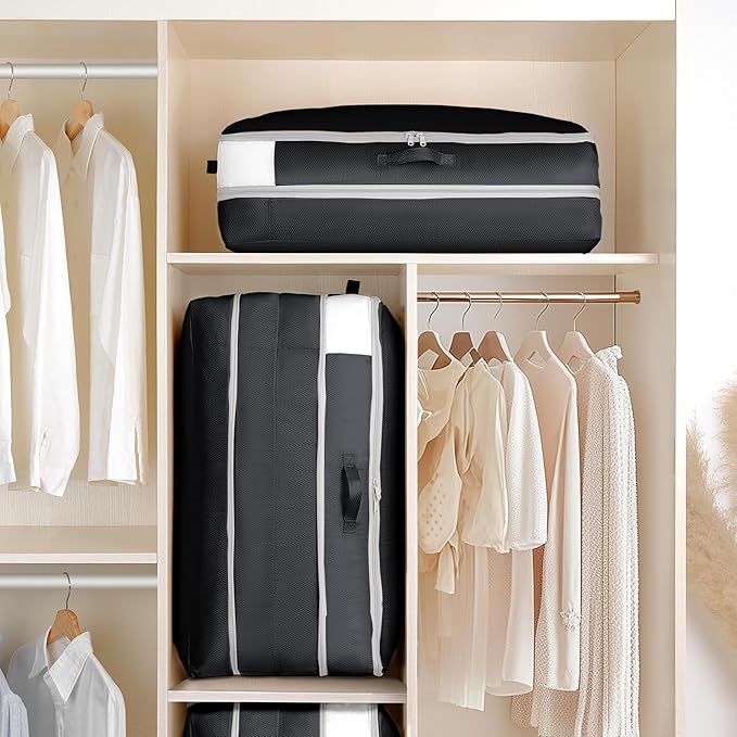 Comforter Storage Bag - Large Capacity Bedding Storage Bags Ultra Space Saving Self Compression Organizer, Washable Compression Bags for Storage Comforter Blanket Duvet Pillow, 6-Pack, Black