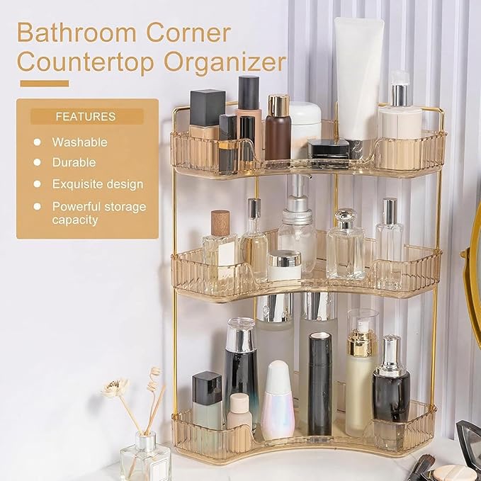 INVSSENE Corner Bathroom Countertop Organizer, Vanity Organizer Trays for Counter, Makeup Organizers, Perfume Tray, Skincare Shelf Storage Gifts for Women Girl Student (Yellow, 3 Tiers)