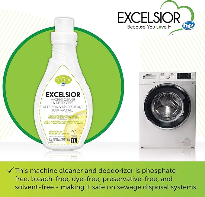 Excelsior HE Washing Machine Cleaner and Deodorizer, Removes Odors & Residues for 20 Cleanings of High Efficiency Washers, Lemon Scent, 1 Liter Bottle