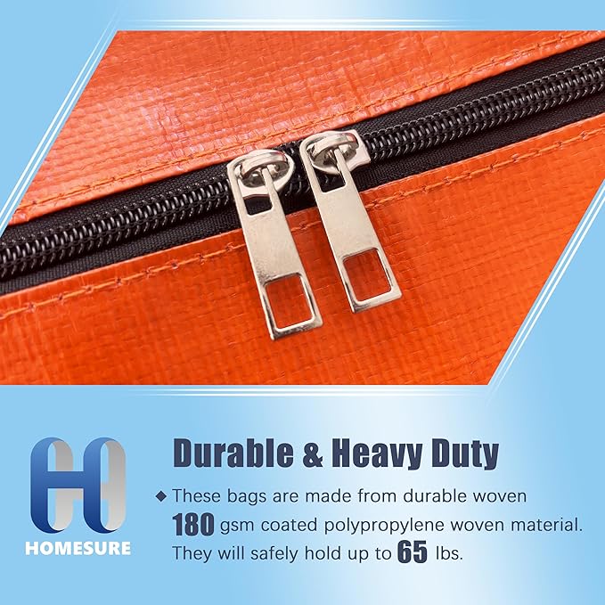 HOMESURE 12 Pack Large Strong Moving Bags with Zippers & Carrying Handles - Water-Resistant - Heavy Duty Storage Tote for Space Saving, Fold Flat, Alternative to Moving Box (Orange)