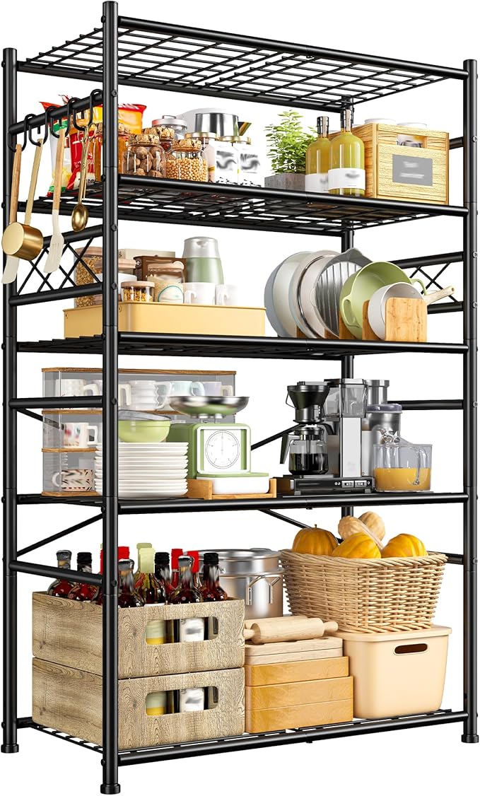 Storage Shelves 5-Tier Large Capacity Wire Shelving with Hooks, Heavy Duty Garage Shelving Unit with Leveling Feet, Stable Metal Shelf for Pantry, Kitchen and Closet, 72" H x 36" W x 12" D, Black