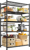Storage Shelves 5-Tier Large Capacity Wire Shelving with Hooks, Heavy Duty Garage Shelving Unit with Leveling Feet, Stable Metal Shelf for Pantry, Kitchen and Closet, 72" H x 36" W x 12" D, Black