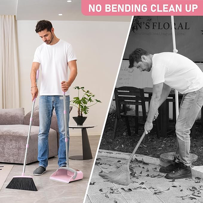 Broom and Dustpan Set, 54” Long Adjustable Household Hand Broom with Dustpan Teeth to Clean Hair Broom with Dustpan Set Heavy Duty to Clean Hair for Home Lobby Office (Pink)