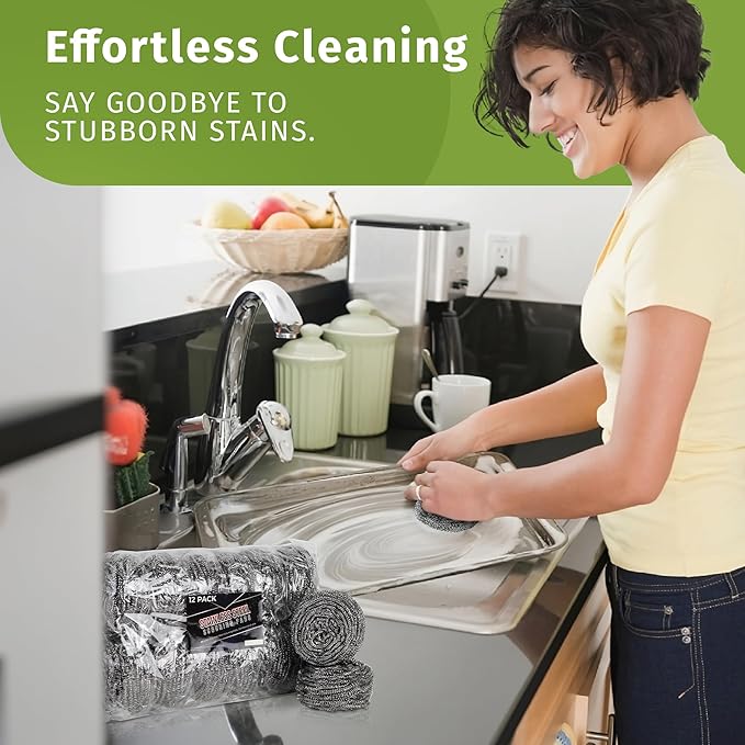 Stainless Steel Scouring Pads - 12 Pack - Steel Wool Scrubbers for Pots, Pans, Dishes & Grills