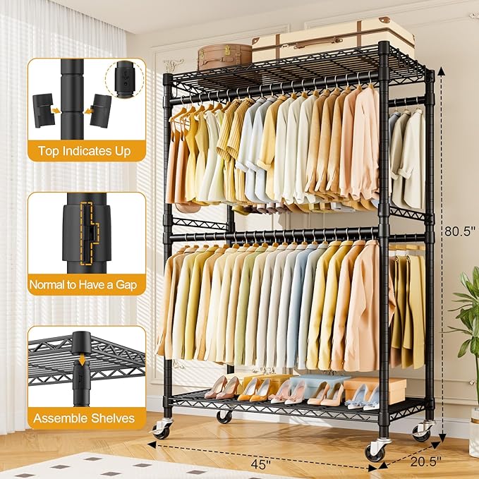 ULIFHOME P4 Plus Rolling Clothes Rack Heavy Duty, Clothing Racks for Hanging Clothes, Free Standing Garment Racks with Wheels, Portable Closet Rack 45''W × 20.5''D × 80.5''H, Max Load 570 Lbs, Black
